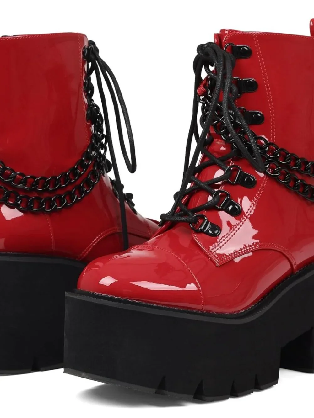 Women's Red Combat Chunky Wedge Heel Rave Goth Lace Up Zipper Shoes Booties - Picture 4 of 6